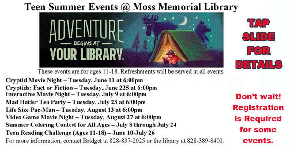 Teen Summer Events at the Moss Memorial Library