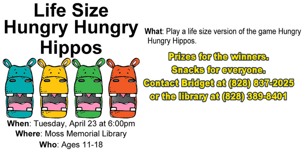Hungry Hungry Hippos at The Moss Memorial Library
